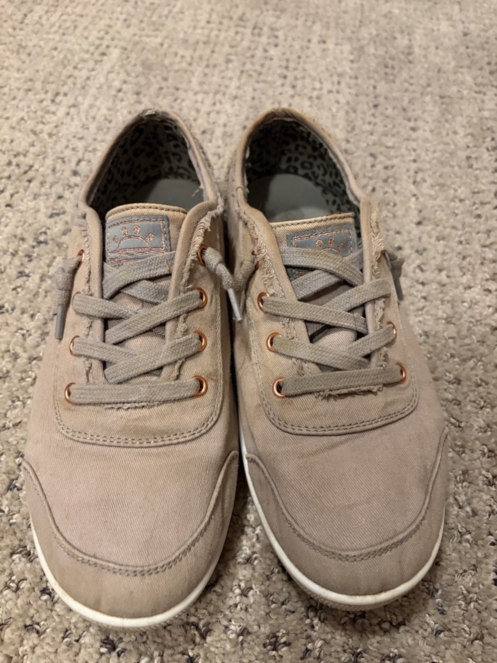 Skechers BOBS Taupe Canvas Slip-On Sneakers with Leopard Lining